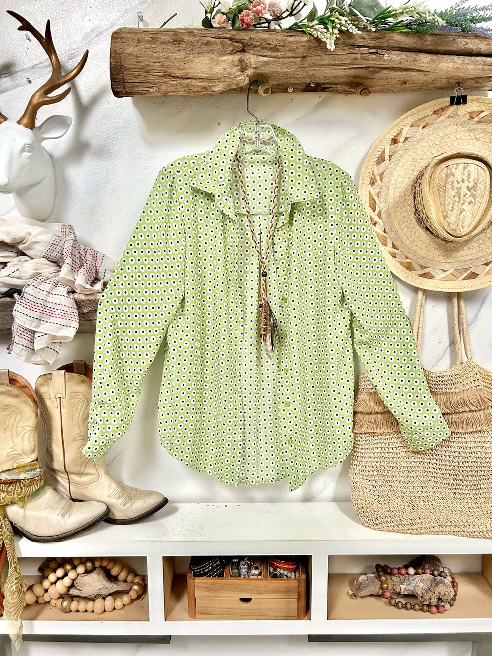 Light Green Printed Button-Up Shirt - Women's Top